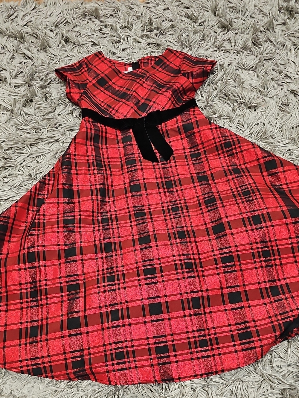 Bonnie Jean Red and Black Plaid Velvet-Belt Holiday Dress